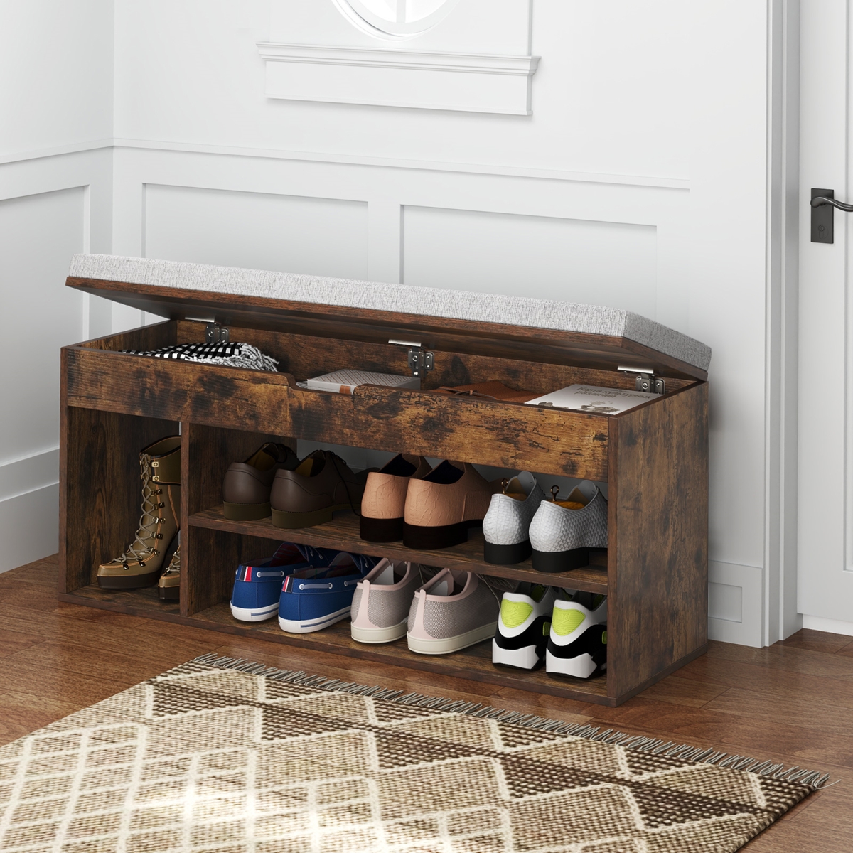 JV12089CF Padded Seat Shoe Bench with Hidden Storage & 3 Open Shelves - Coffee