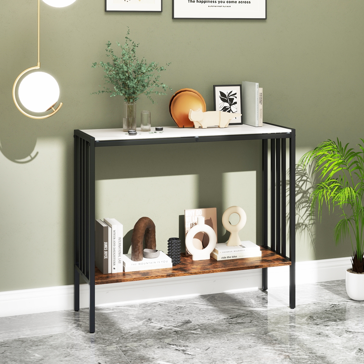 JV12401 36 in. Console Table 2-Tier Industrial Foyer Table with Sintered Stone Tabletop