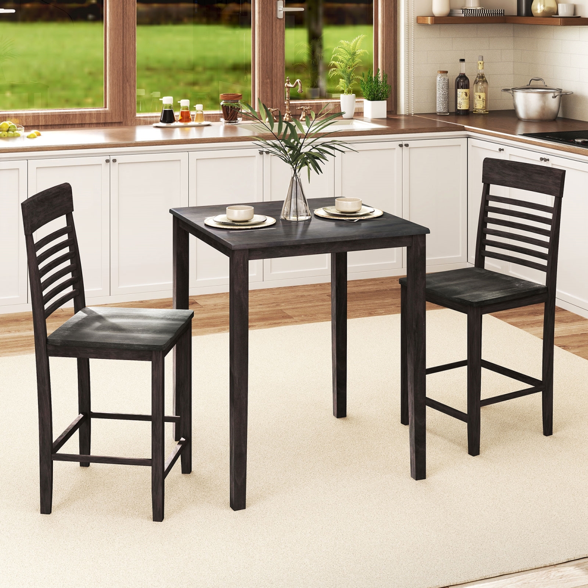 KC58108GR- Counter-Height Dining Table Set for 2 with Rubber Wood Frame & Footrest - Gray - 3 Piece