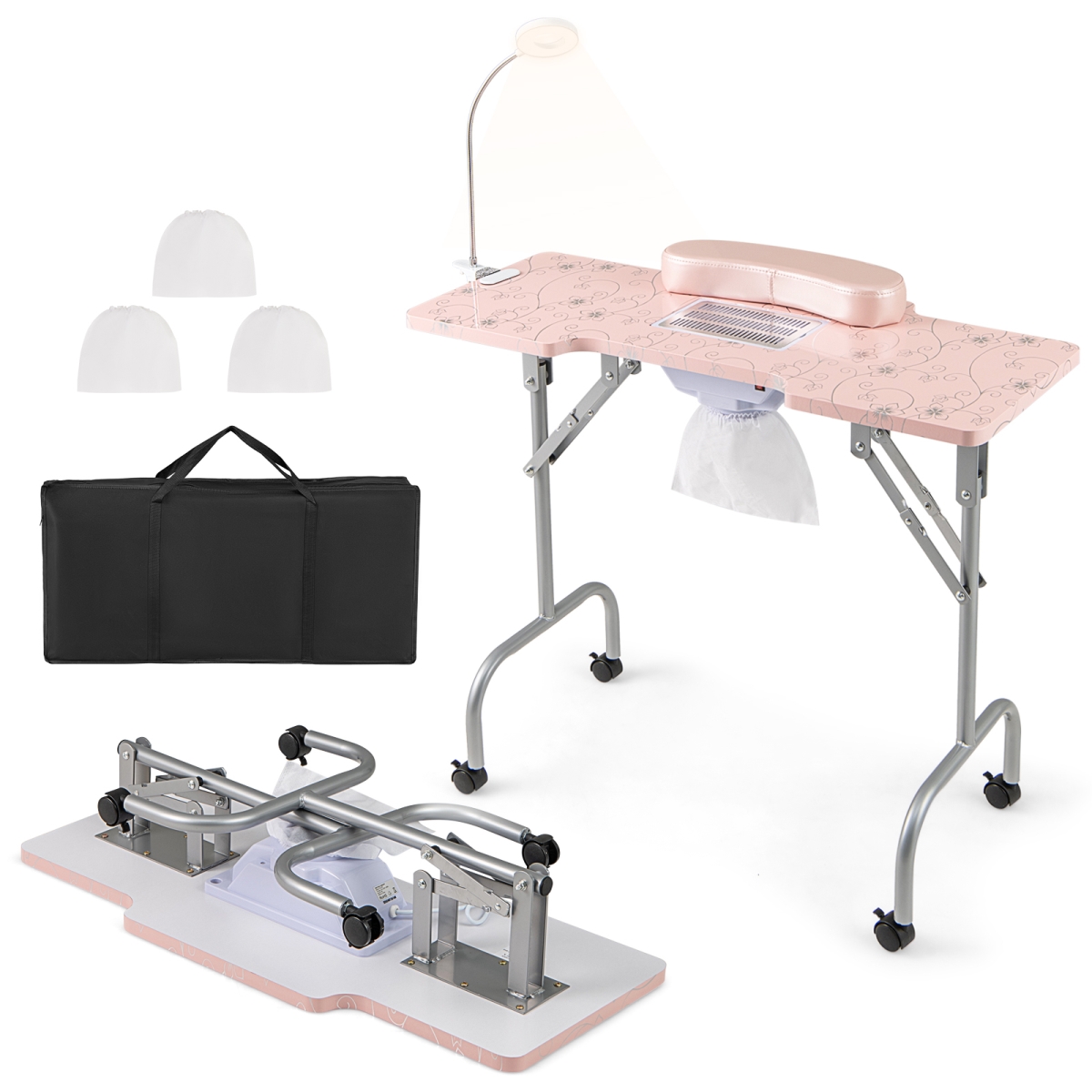HB88582US-PI Folding Manicure Nail Table with Electric Dust Collector - Pink