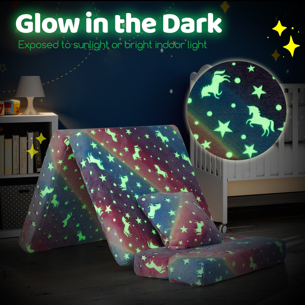 HU10722CL Kids Folding Sofa Bed Floor Mattress Glow in the Dark with Pillow - Multi Color