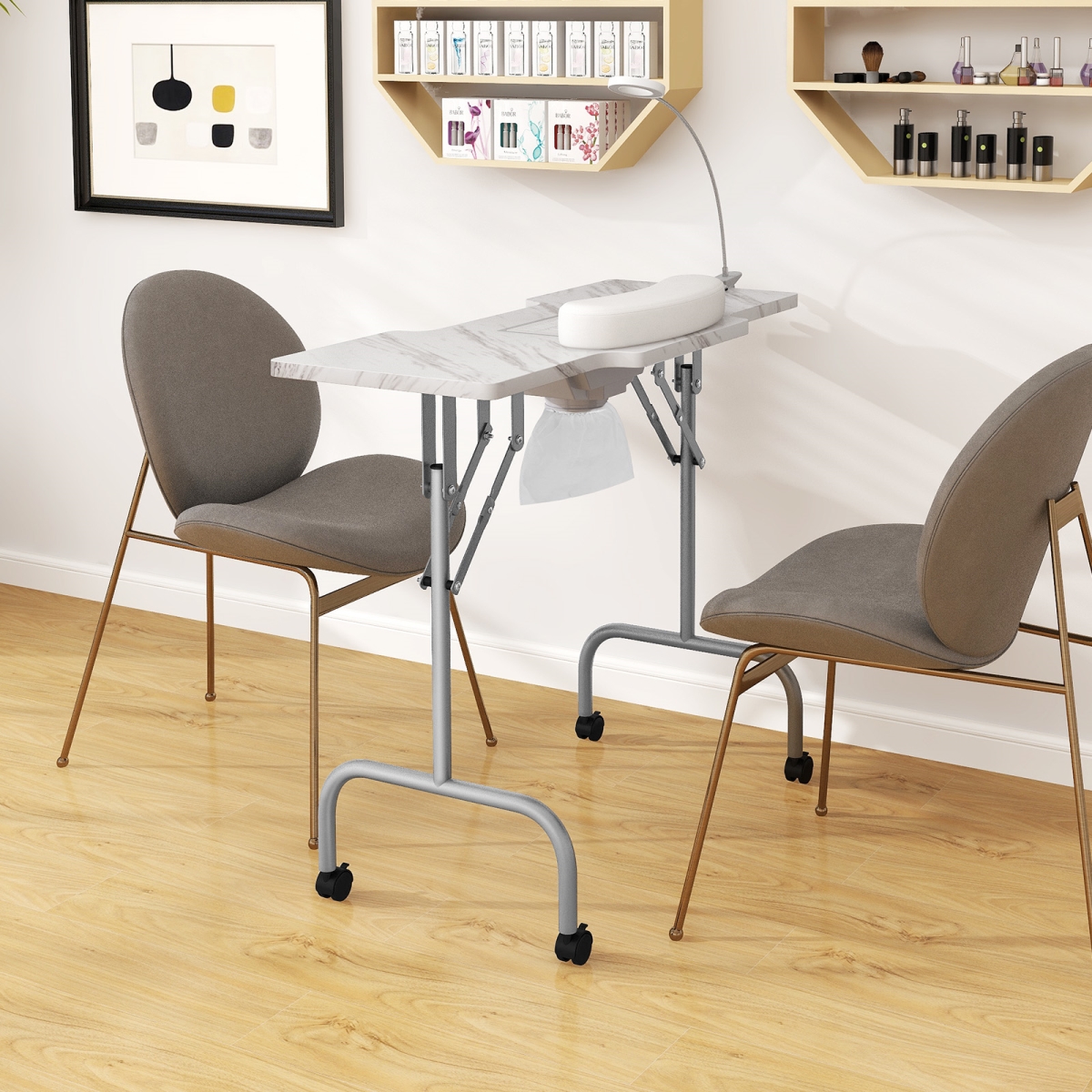 HB88582US-WH Folding Manicure Nail Table with Electric Dust Collector - White