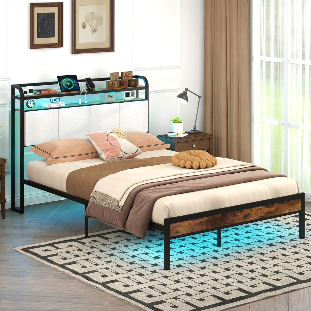 HU10816GR-F Bed Frame with LED Light & Charging Station - Full Size