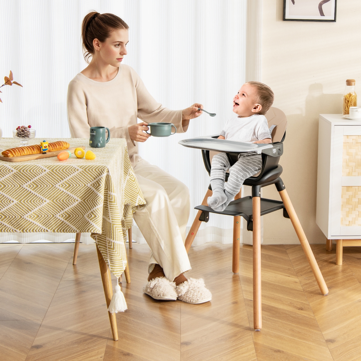 AD10065CF 6 in 1 Convertible Highchair with Safety Harness & Removable Tray - Coffee