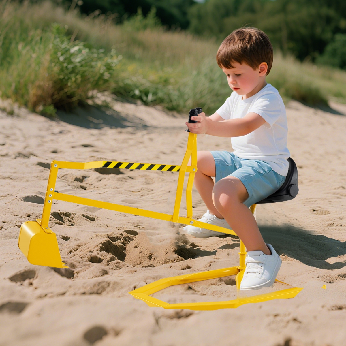 TS10258YE Sandbox Toy Digger with 2-Handed Controls & Flexible Shovel for Kids - Yellow