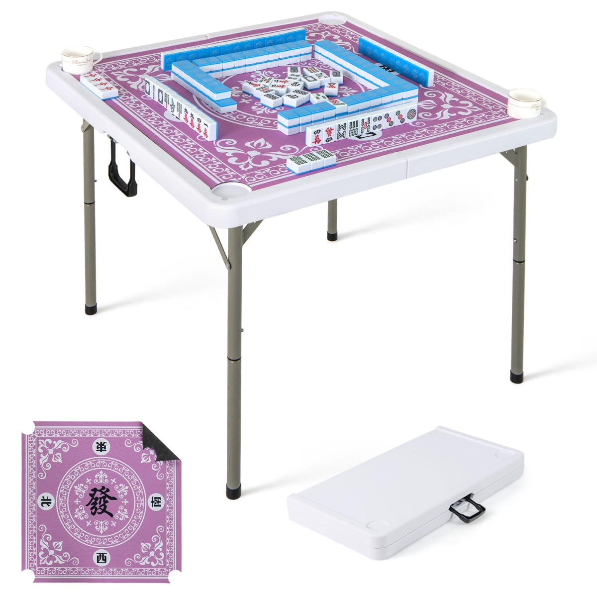 UY10170PI 35 in. 4 Player Game Card Folding Mahjong Table with Cup Holders - Pink