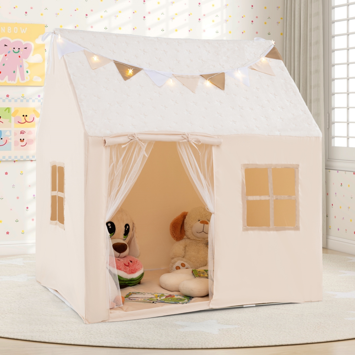 TP10316BE Kids Play Tent Large Playhouse with Glow in the Dark Stars & Mat - Beige