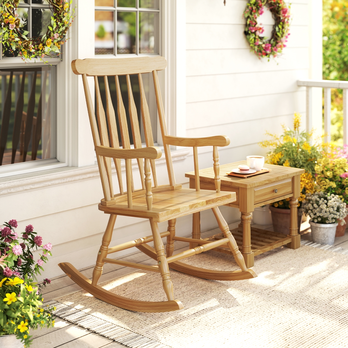 JV12011NA Rocking Chair with Solid Wooden Frame for Garden & Patio - Natural