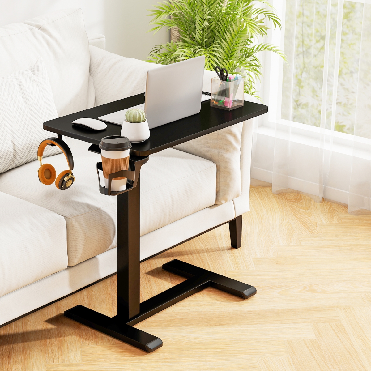 JV12724DK Mobile Standing Desk Height Adjustable Overbed Bedside Table with Cup Holder - Black
