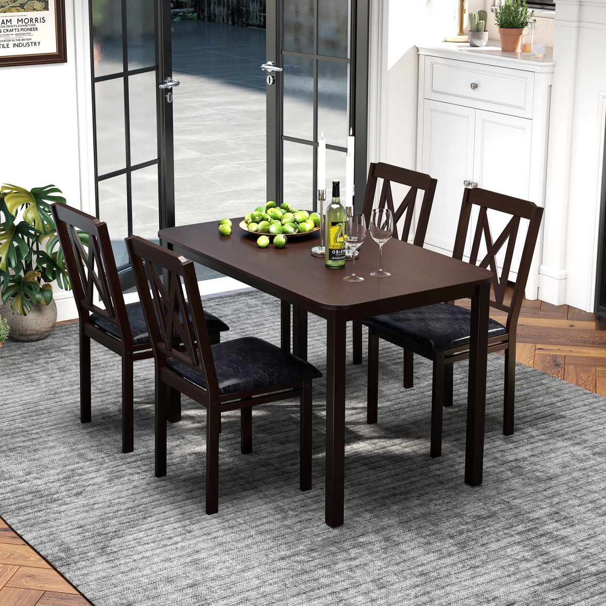 JV12851CF- Dining Table Set with Wide Tabletop & Rubber Wood Legs - Black - 5 Piece