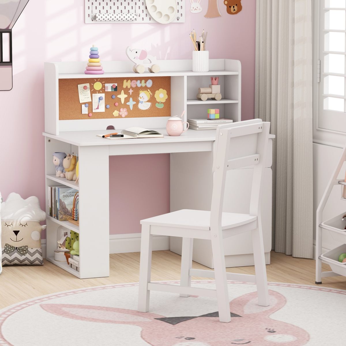 HY10342WH Kids Desk & Chair Set with Hutch & 3-Layer Side Shelf - White