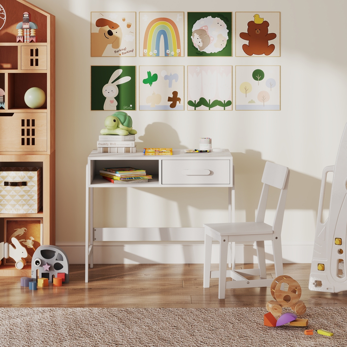 HY10356WH Kids Desk & Chair Set with Storage Drawer & Hutch - White