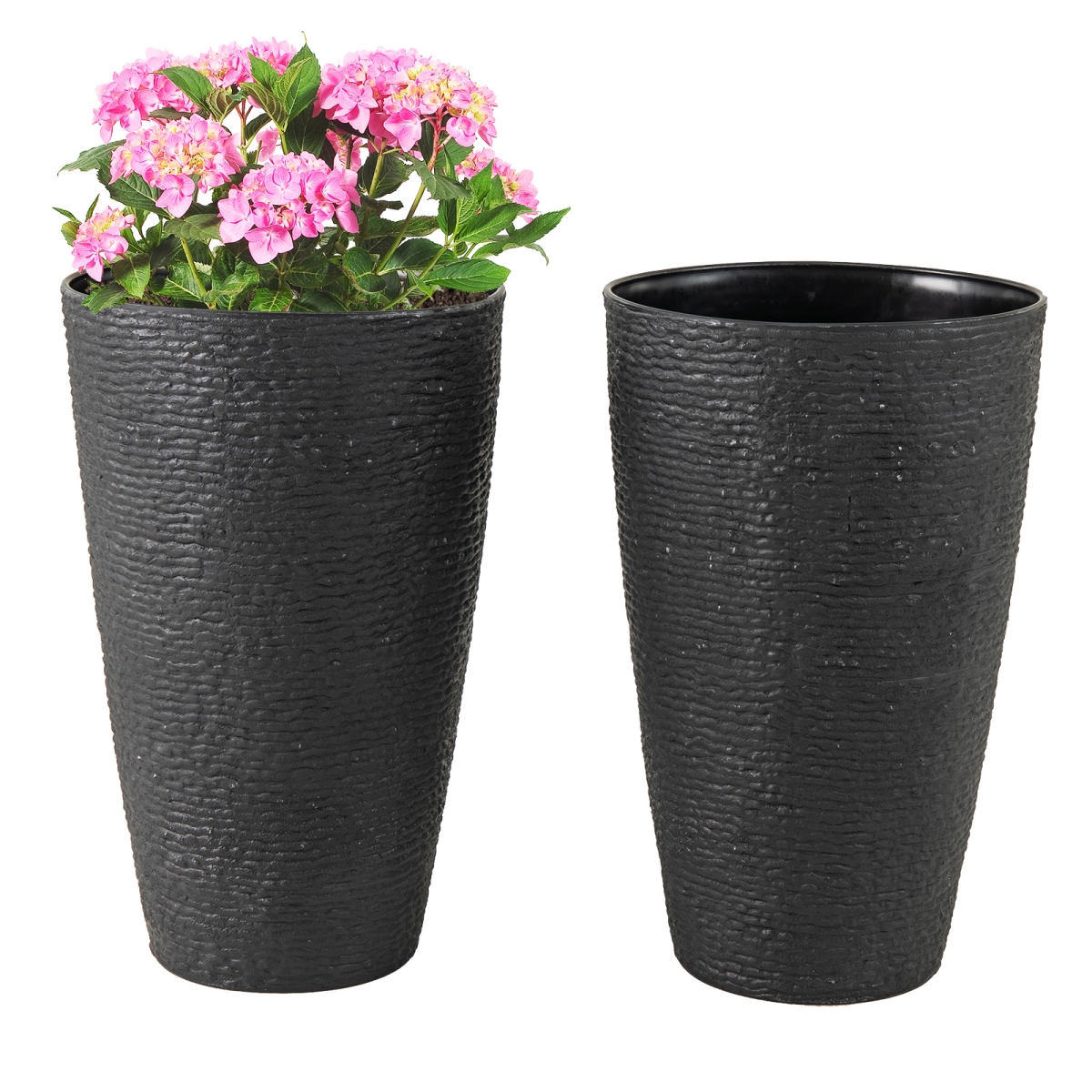 HZ10371DK-2 21 in. Tall Round Plastic Planters Flower Pots with Drainage System - Black - Set of 2