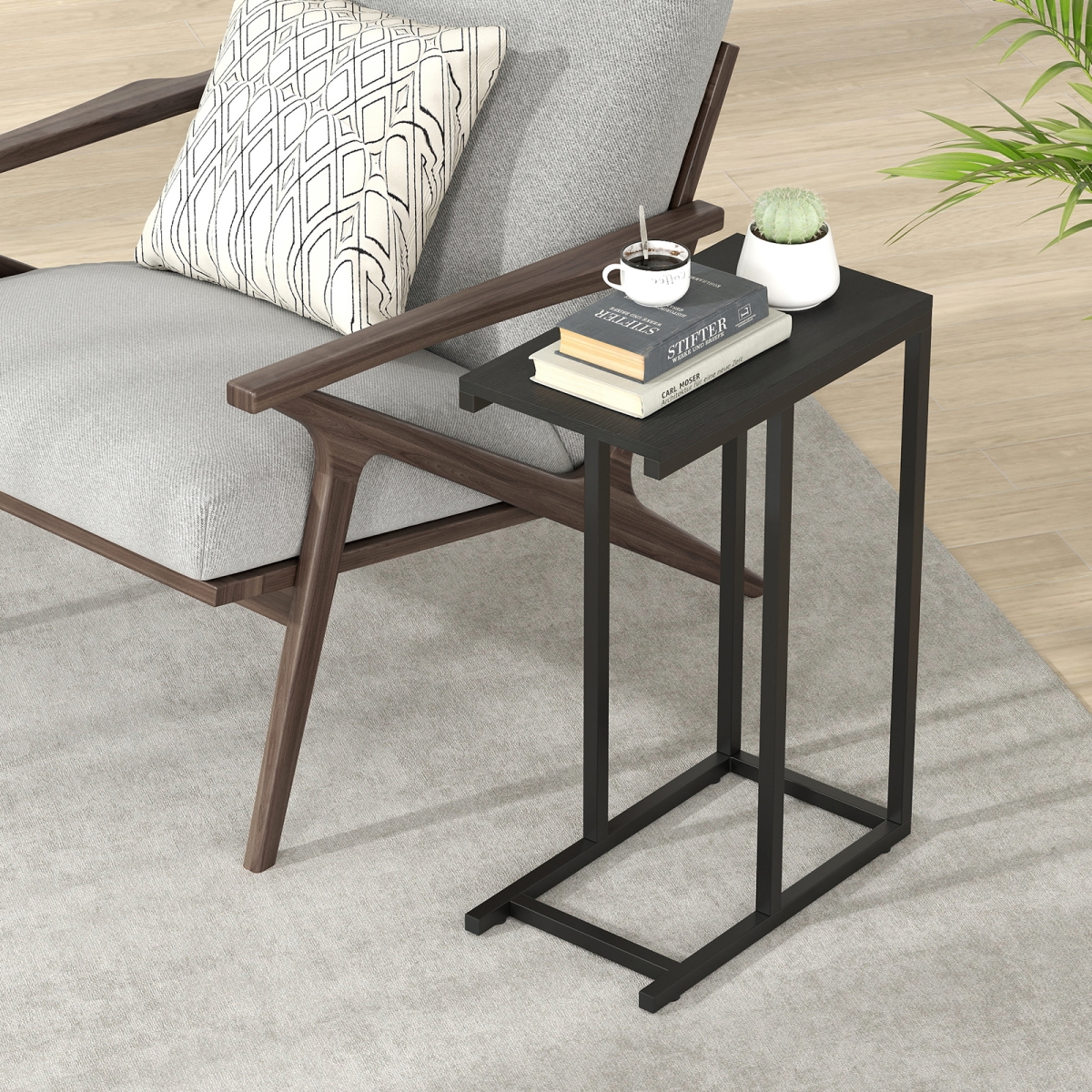 JV11982DK C-Shaped Side Table with Heavy-Duty Metal Frame - Black