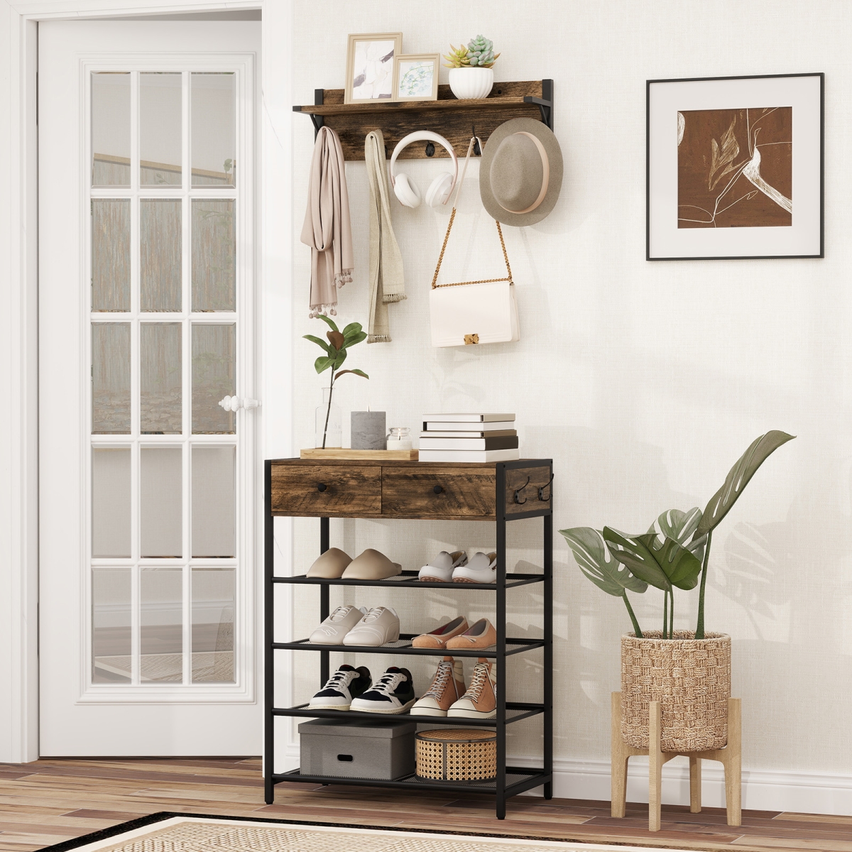 JV12027BN 5-Tier Coat Rack Shoe Stand Set with Wall-Mounted Coat Hanger - Brown