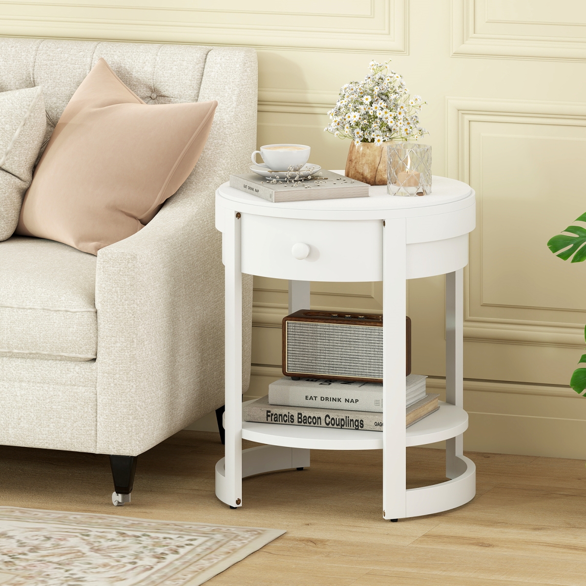 JV11866WH 2-Tier Round End Table Mid Century Modern Nightstand - White