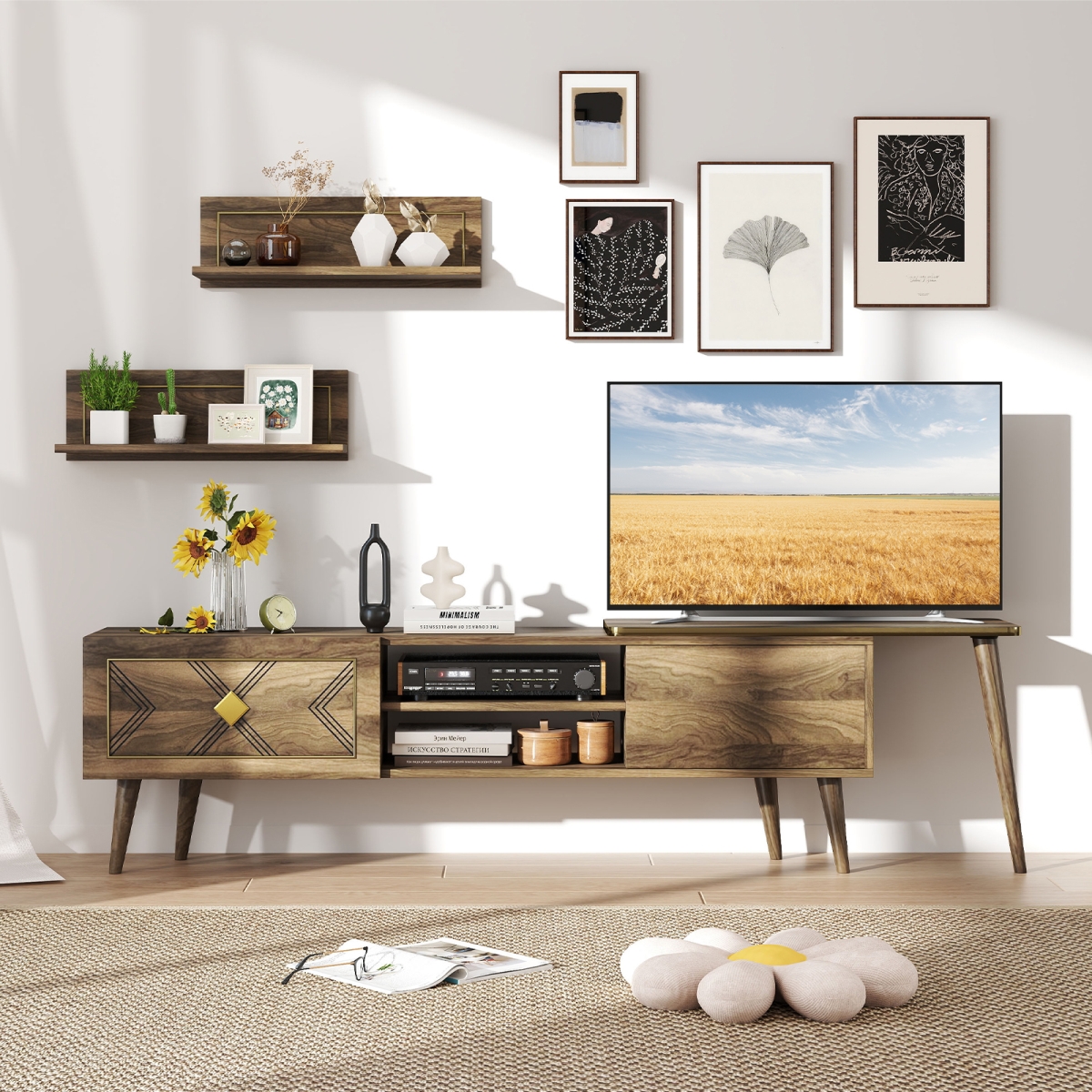 HV10678WN- Mid-Century Modern TV Stand for TVs up to 85 in. with Open Compartments - Walnut