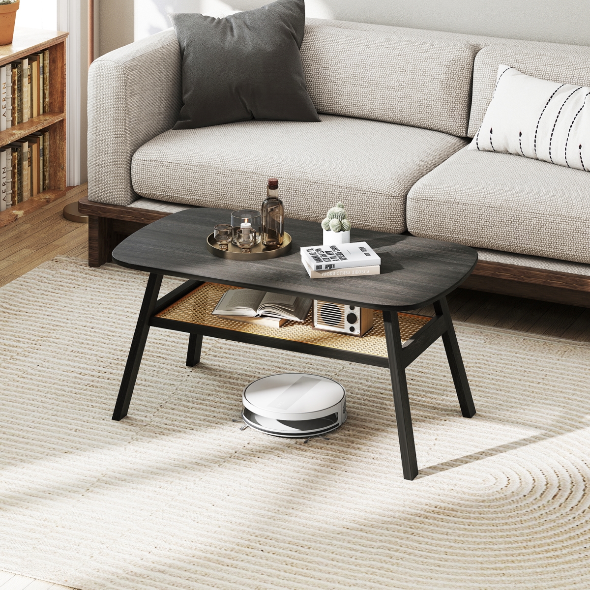 HV10709DK 2-Tier Rectangular Center Coffee Table with Rattan Storage Shelf & Rubber Wood Legs - Dark Gray