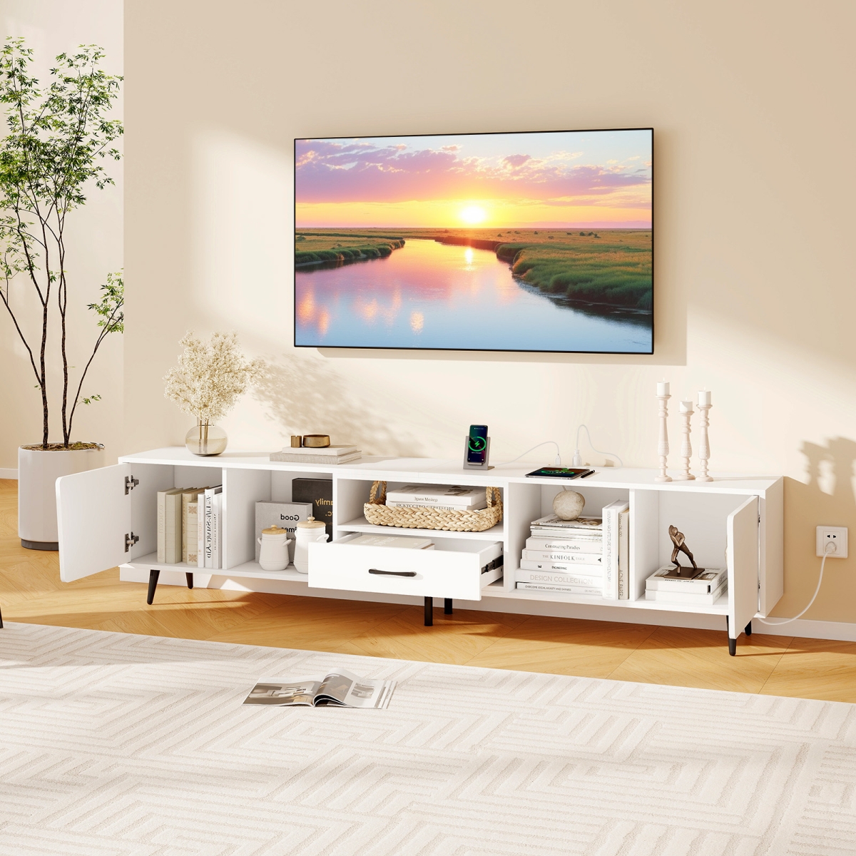 HV10713US-WH 79 in. TV Stand for TVs up to 90 in. Entertainment Center Wood Media Console Table Modern Mid Century TV Cabinet - White
