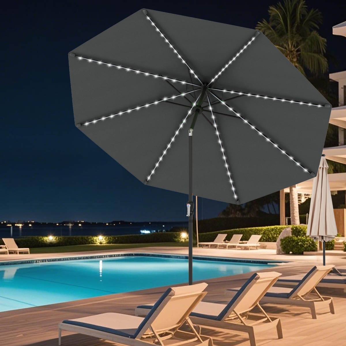 NP12388GR 10 ft. Solar Patio Umbrella with 96 Multi-Colored Flowing LED Lights & Tilt Adjustment - Gray