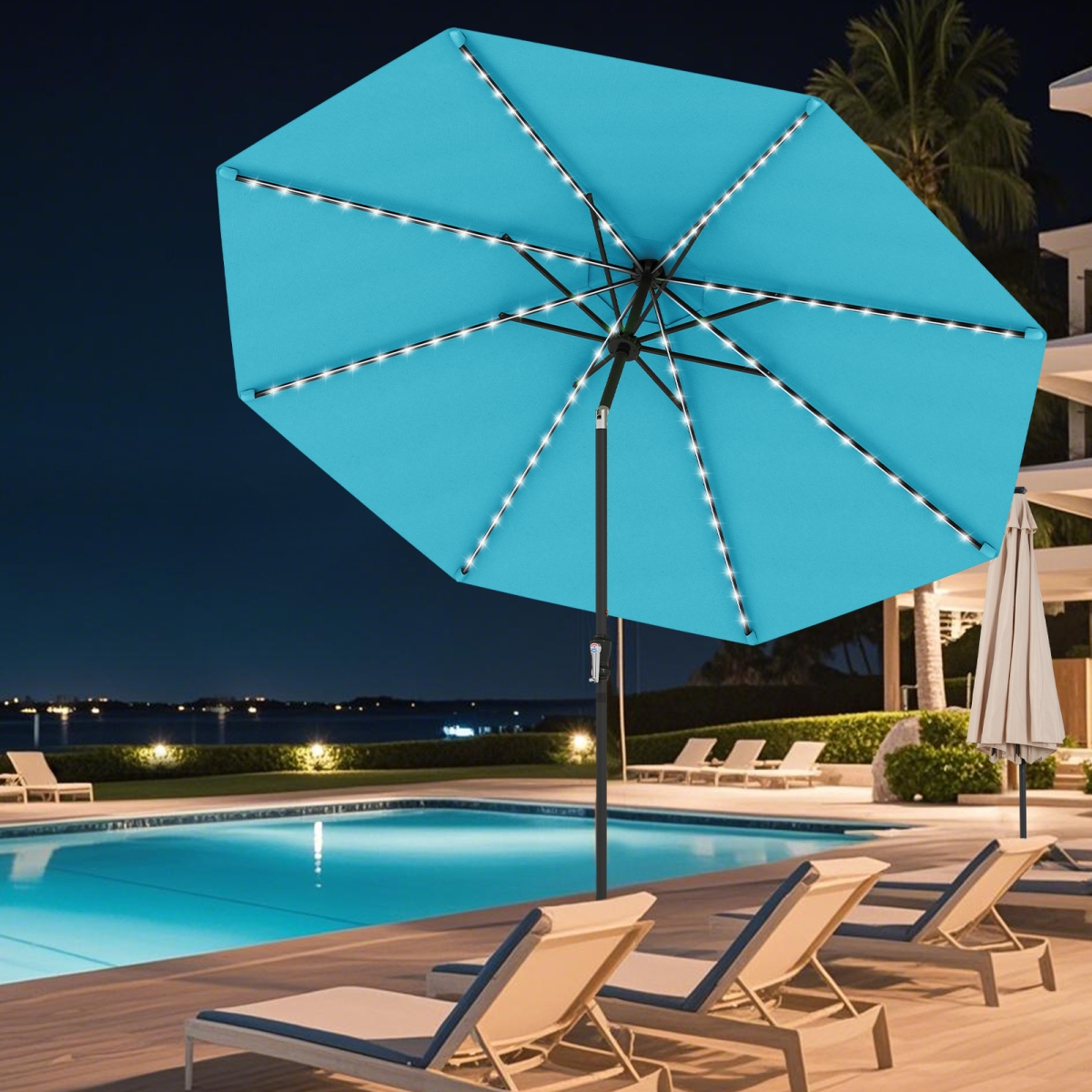 NP12388TU 10 ft. Solar Patio Umbrella with 96 Multi-Colored Flowing LED Lights & Tilt Adjustment - Turquoise