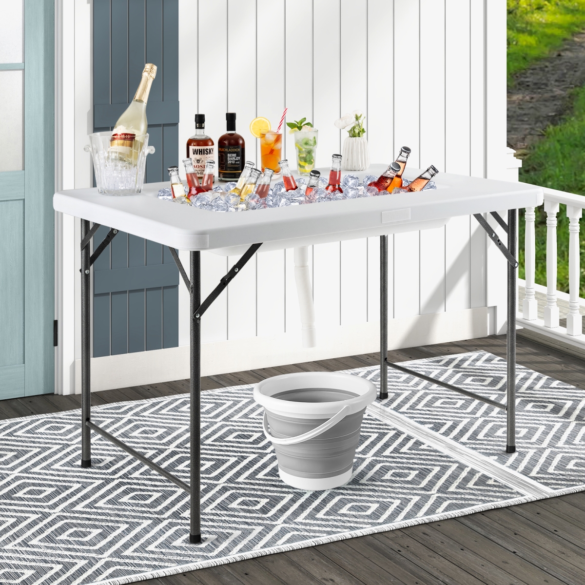 NP12393WH 4 ft. Folding Ice Bin Table with Skirt for Camping Picnic Wedding with Bucket - White