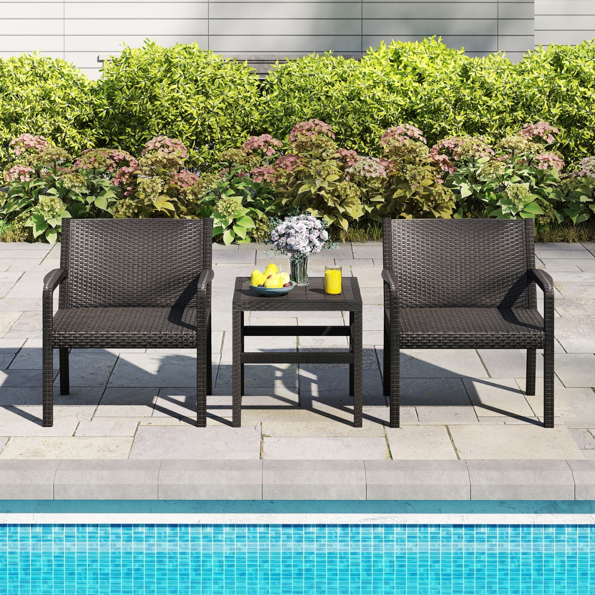 NP12481BK Patio Furniture Set with 2 Modern Rattan Armchair & 25 in. Square Side Table - Black - 3 Piece