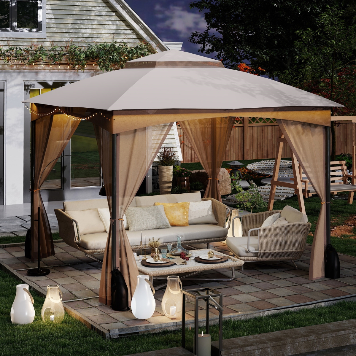 NP12543SA 10 X 10 ft. Heavy Duty Patio Gazebo with Netting Walls & 4 Sandbags - Khaki