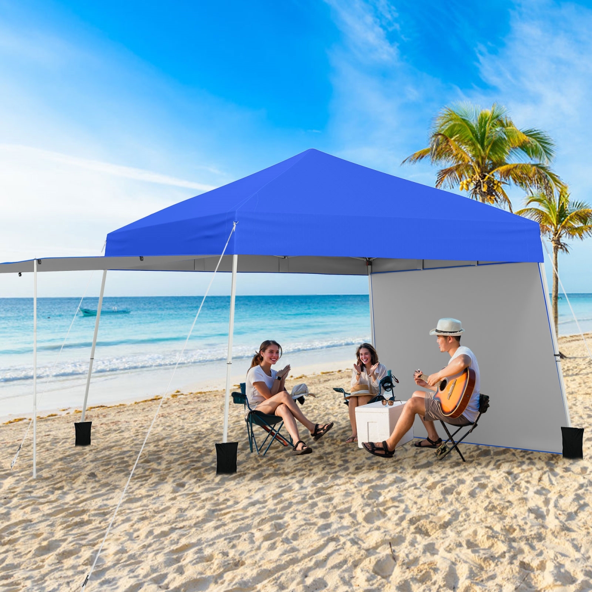 NP12558BL 14 x 9.2 ft. Pop up Canopy Tent with 2 Convertible Sidewalls to Awning & Stakes - Blue
