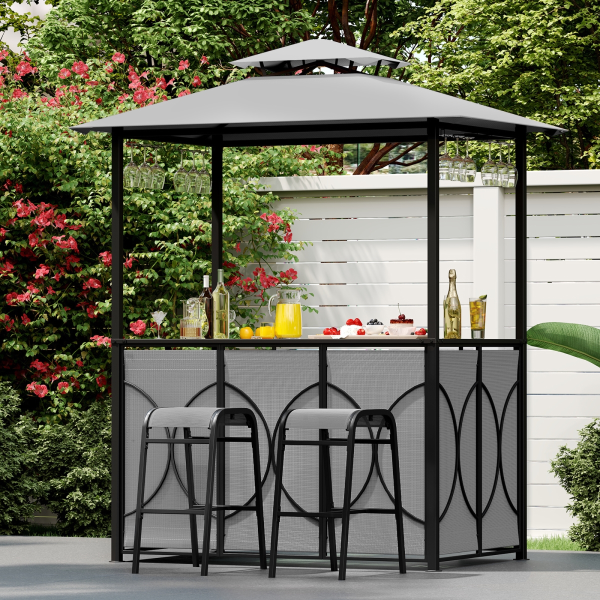 NP12355GR- 6.5 x 4 x 8 ft. Grill Gazebo Set with 2 Bar Stools & Bar Table - Gray