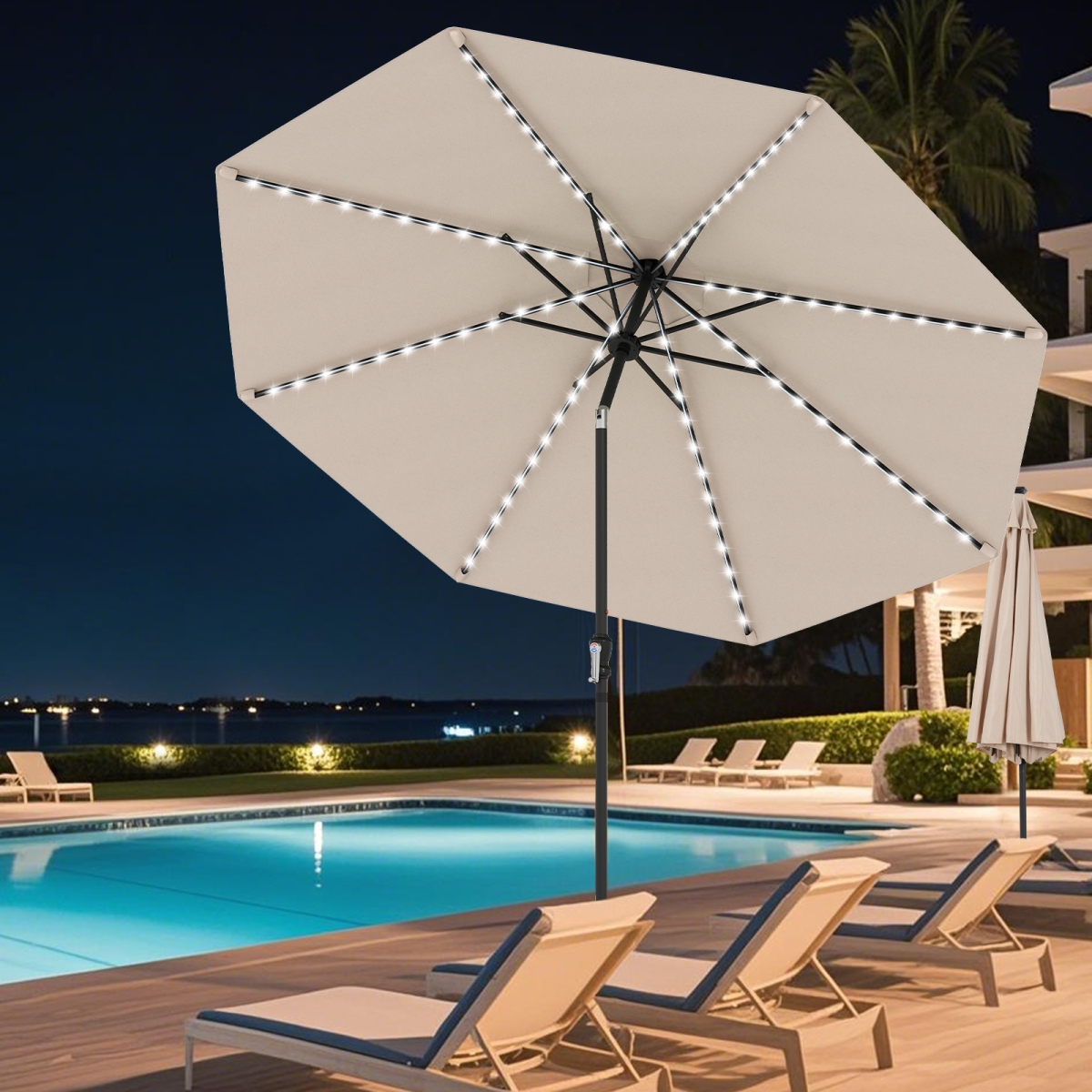 NP12388BE 10 ft. Solar Patio Umbrella with 96 Multi-Colored Flowing LED Lights & Tilt Adjustment - Beige