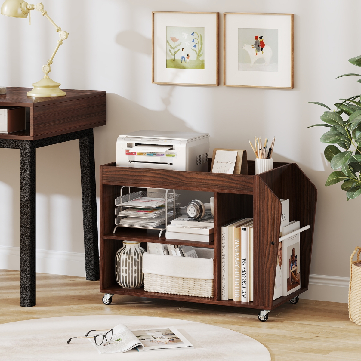 JV12508WT 3-Tier Side End Table with Universal Wheels - Walnut