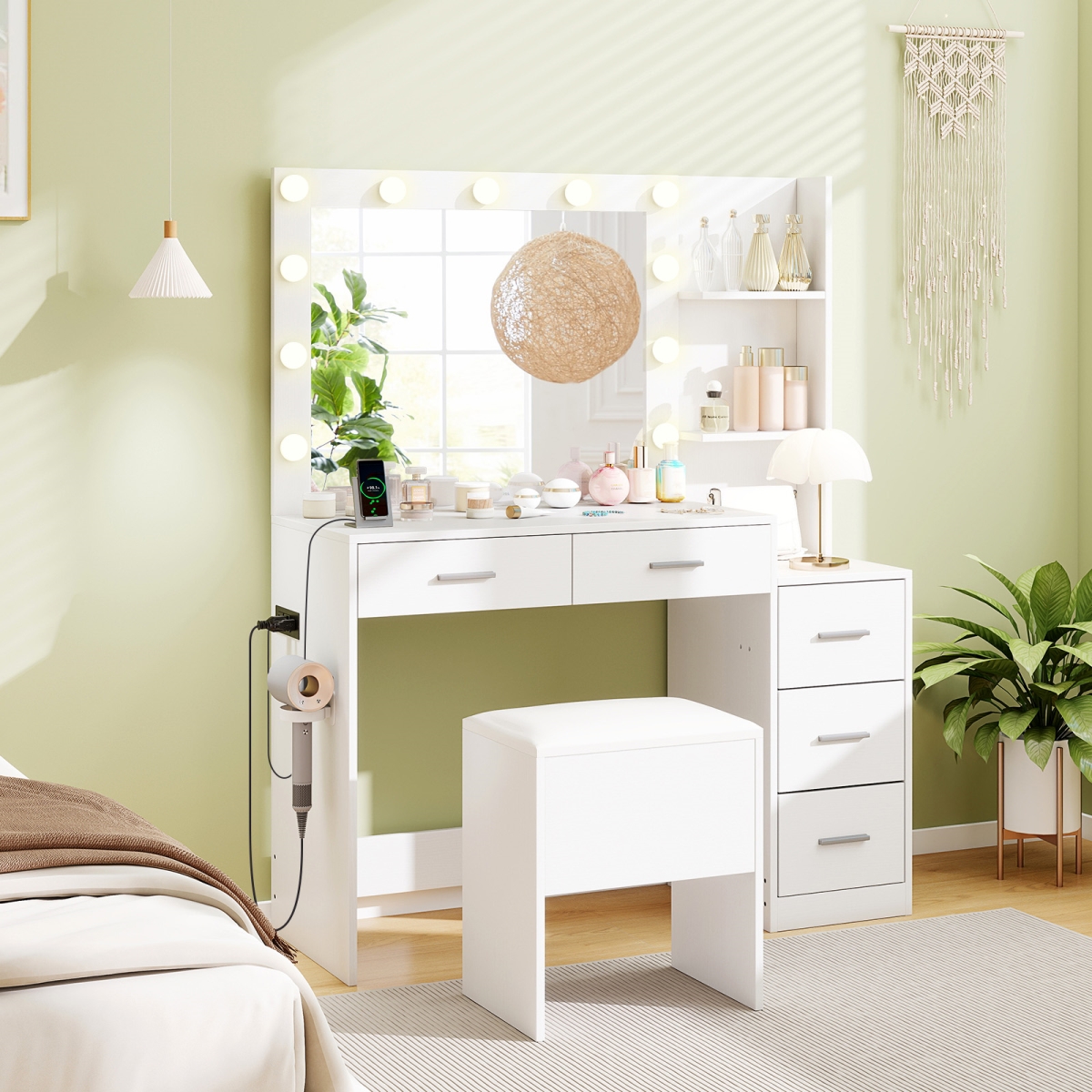 JV12519US-WH Makeup Table & Stool Set with Hair Dryer Stand - White