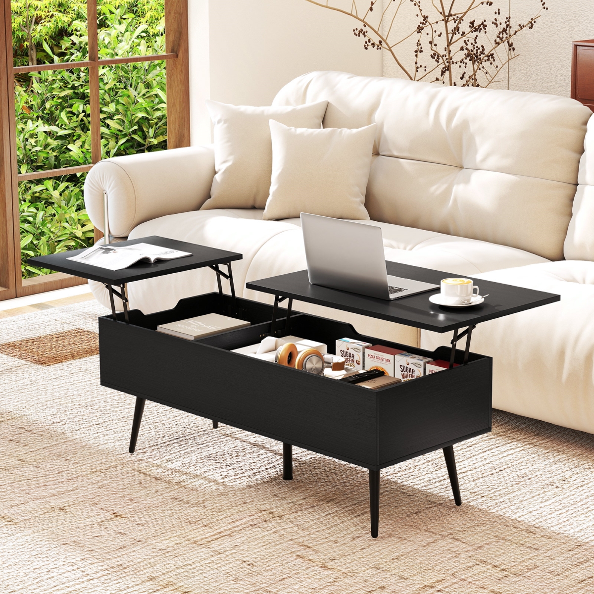 JV12613DK 47 in. Lift Top Coffee Table with 2 Hidden Compartments - Black