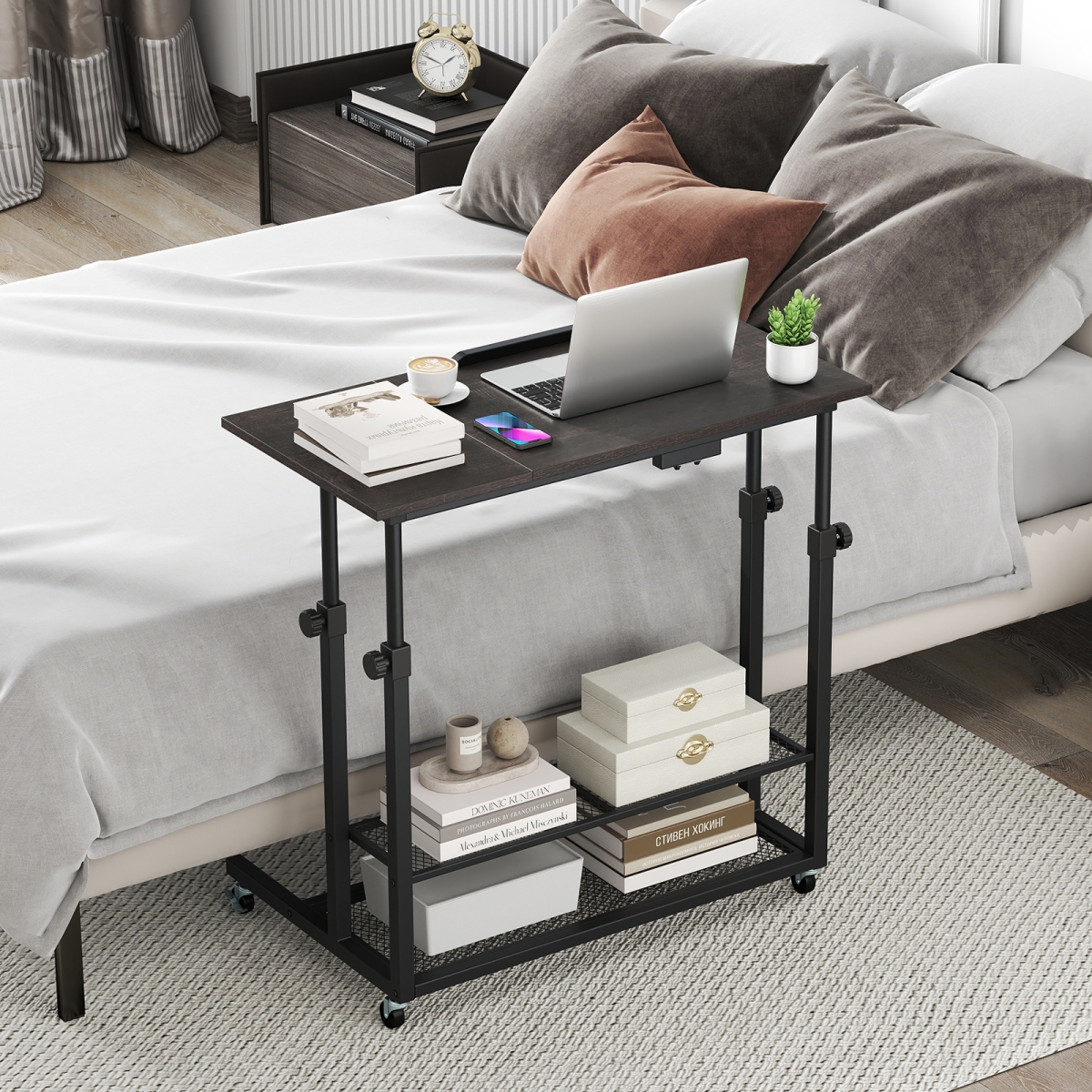 JV12635BO Mobile Stand up Desk Height Adjustable Standing Table with Tilting Tabletop - Oak
