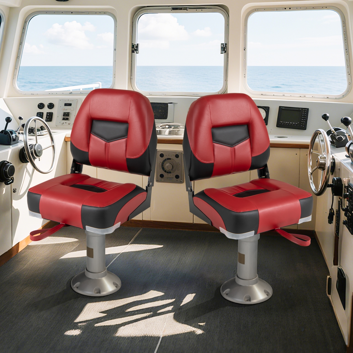 NP11932RE-2 Folding Low Back Fishing Boat Seats with Stainless Steel Screws - Red - Set of 2