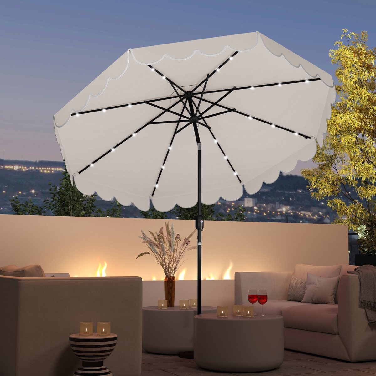 NP12472BE 9.3 ft. Solar Patio Umbrella with 24 LED Lights Vented Top & Ruffles - Beige