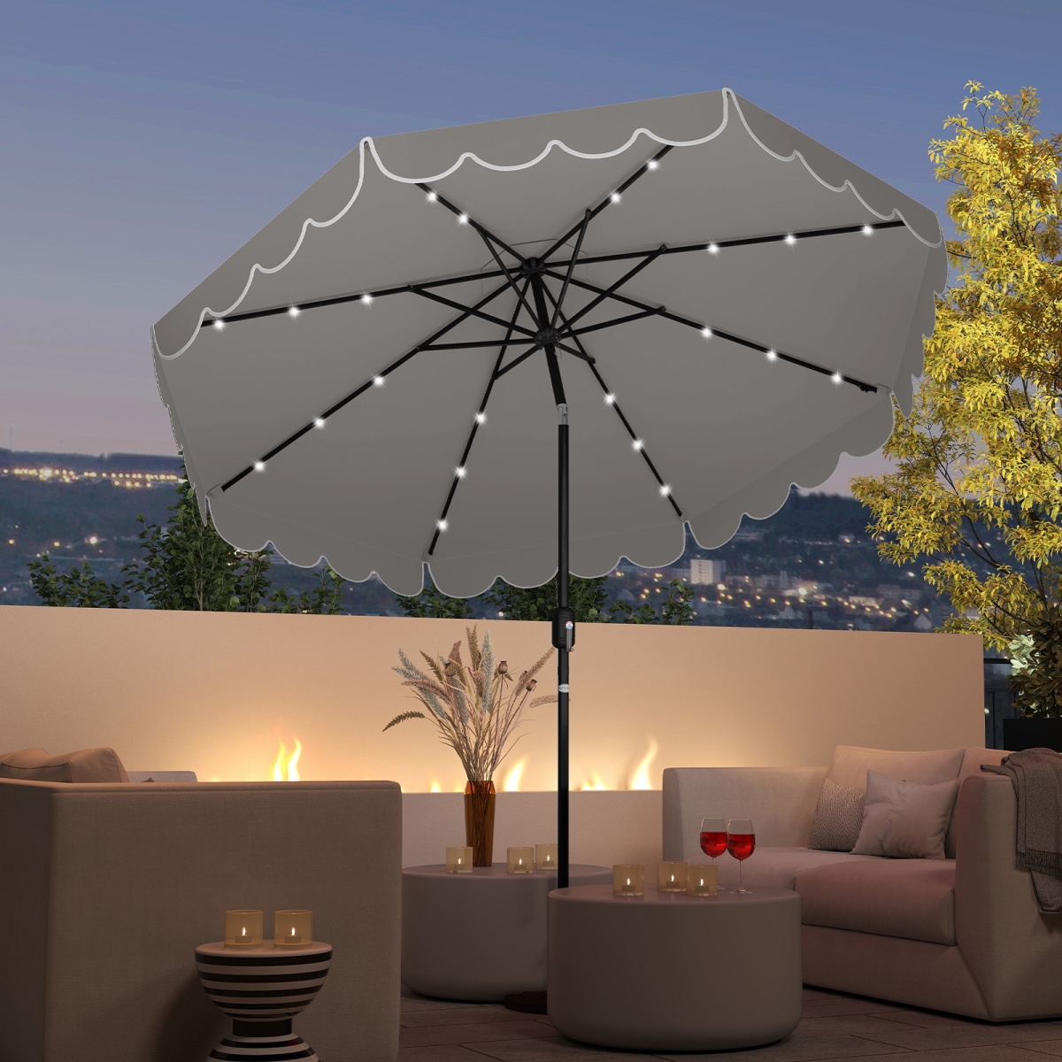 NP12472GR 9.3 ft. Solar Patio Umbrella with 24 LED Lights Vented Top & Ruffles - Gray