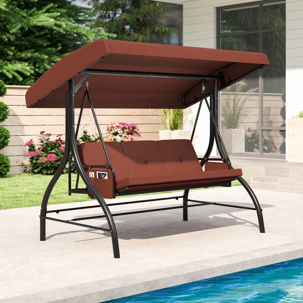 NP12526ZS Patio Swing with Canopy Removable Cushions & Side Pockets - Brown - 3 Piece
