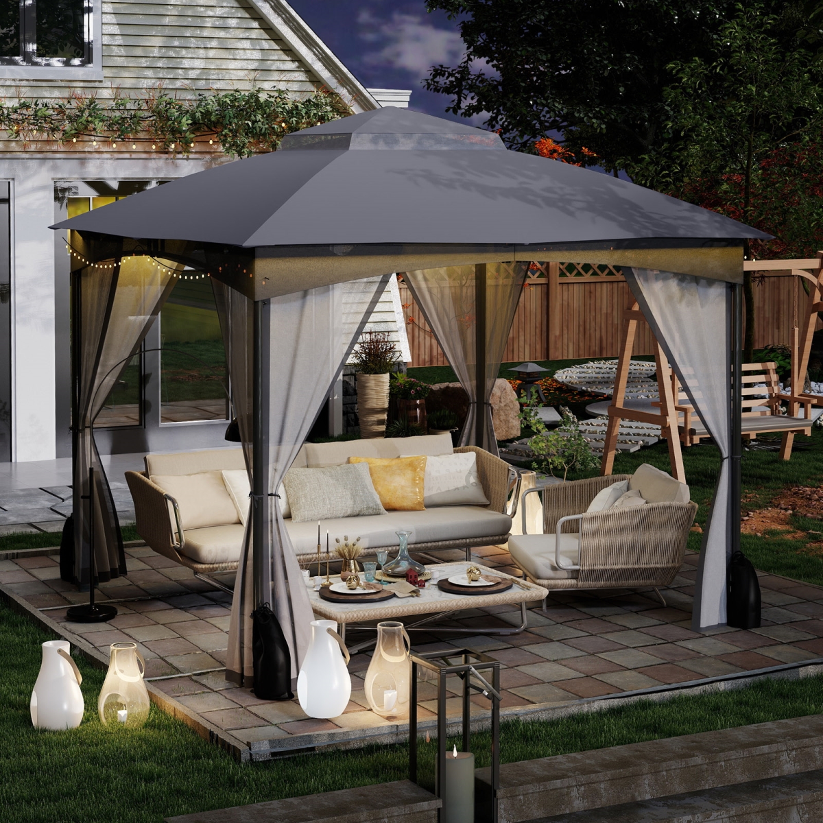 NP12543GR 10 X 10 ft. Heavy Duty Patio Gazebo with Netting Walls & 4 Sandbags - Gray