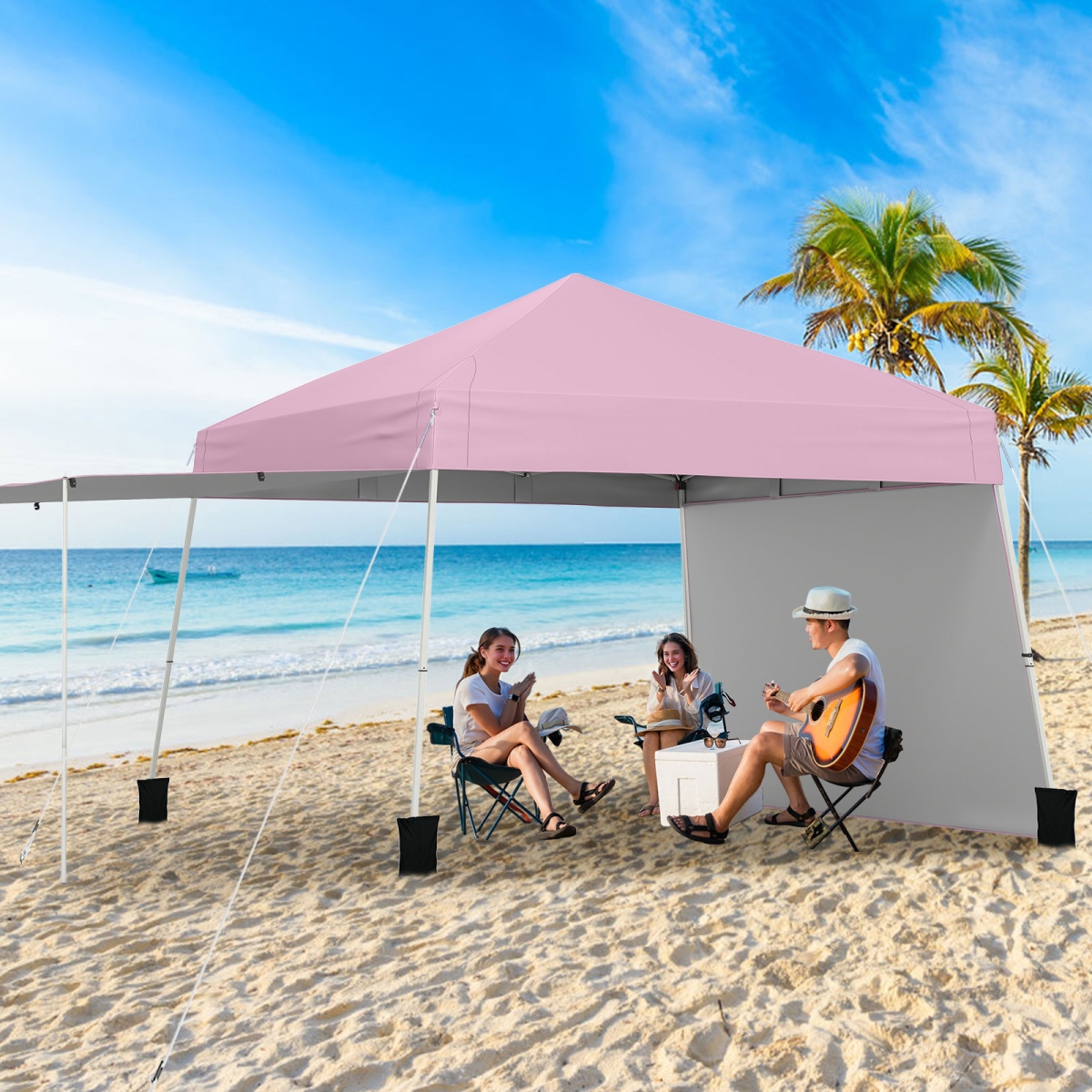 NP12558PI 14 x 9.2 ft. Pop up Canopy Tent with 2 Convertible Sidewalls to Awning & Stakes - Pink