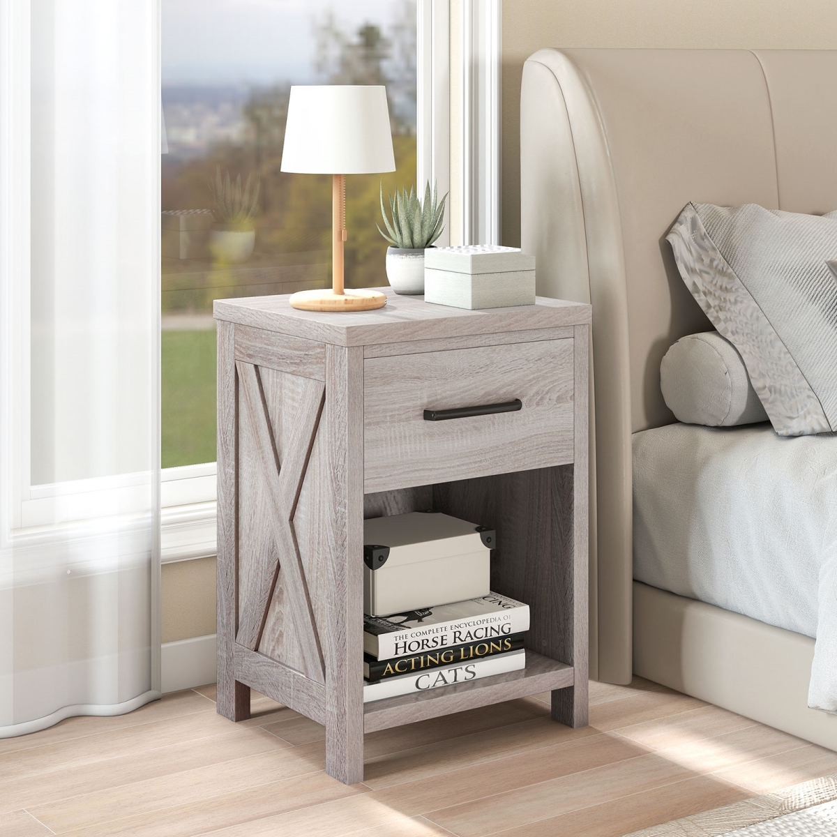 HU11066NA Nightstand with Drawer & Shelf - Antique Brush White