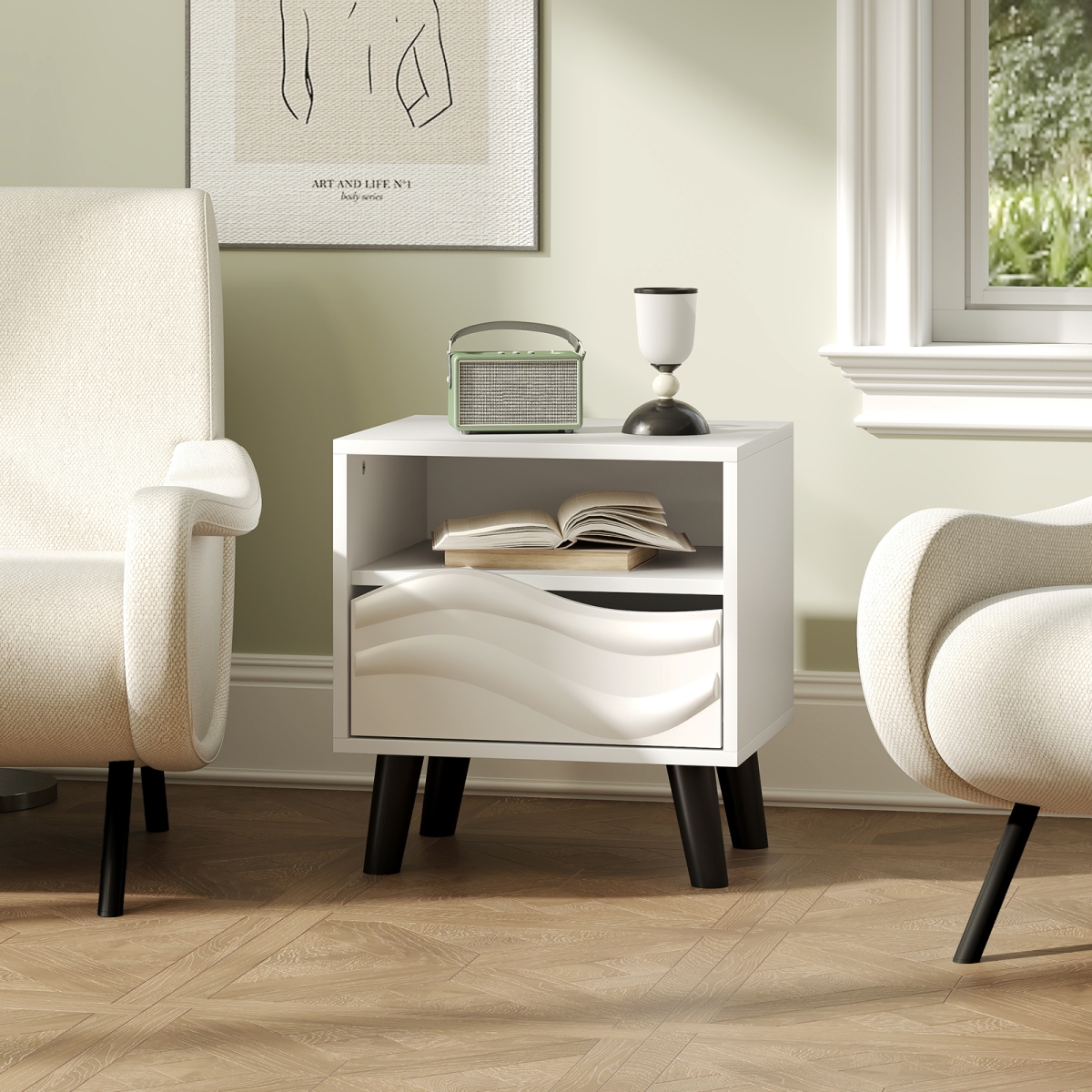 HU11034WH Nightstand Mid Century Modern Bedside Table with 3D Wavy Pattern & Open Shelf - White