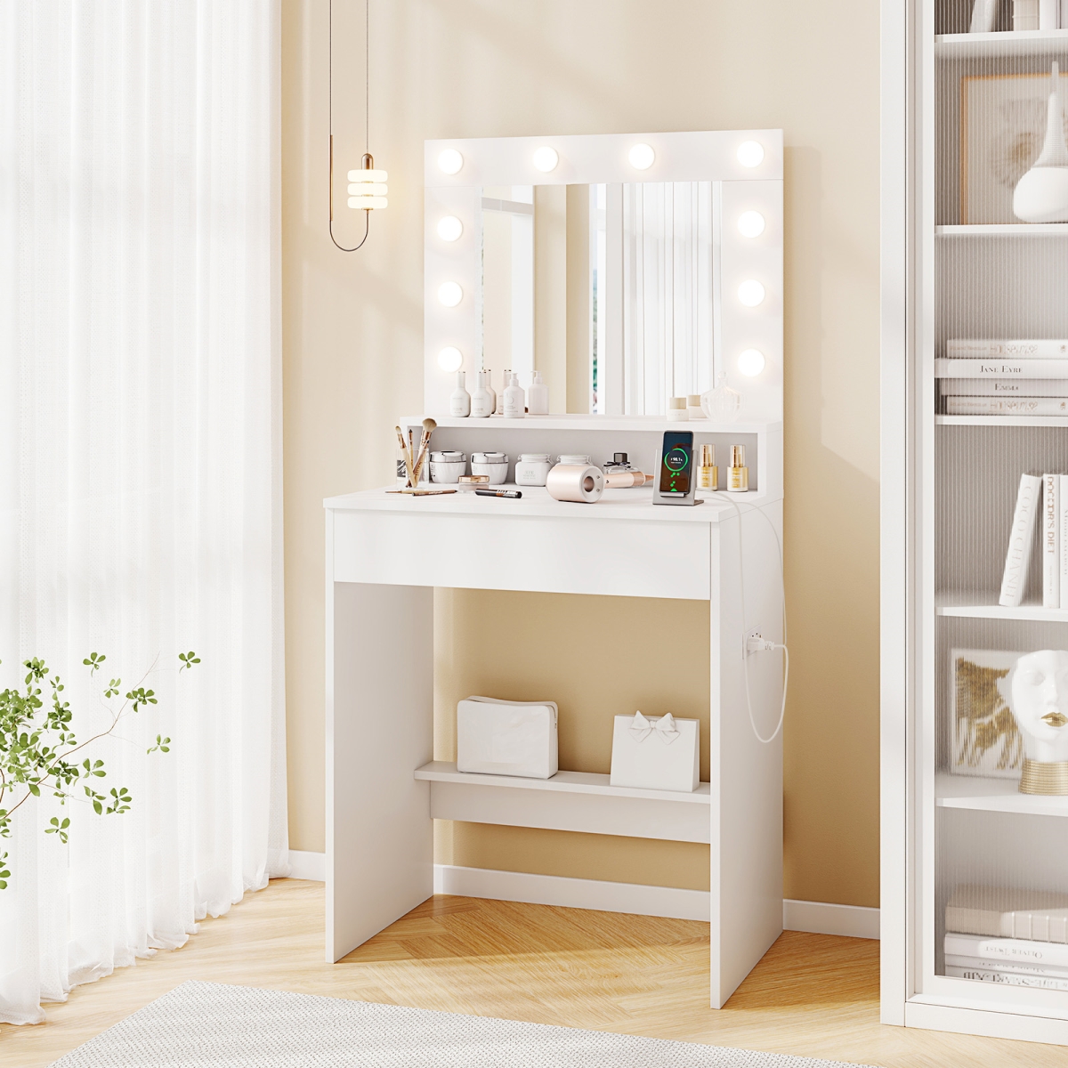 HU11055US-WH Vanity Desk with Adjustable Brightness & 3 Light Modes for Bedroom - White