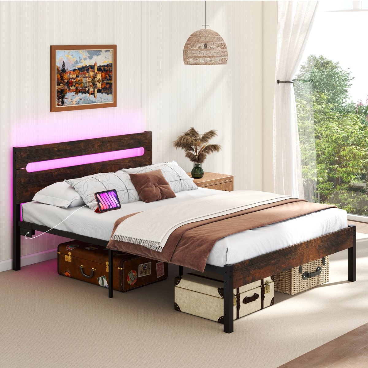 HU11120US-CF Heavy Duty Metal Slats Support Bed Platform with Charging Station - Rustic Brown