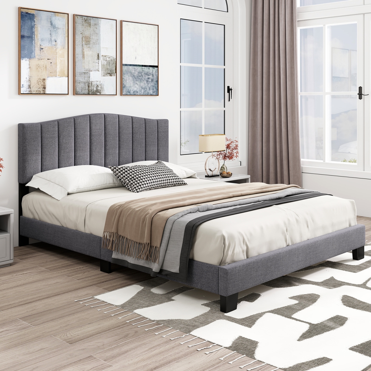 HU11146US-QDR Modern Upholstered Bed Frame with Adjustable Vertical Channel Tufted Headboard - Queen Size