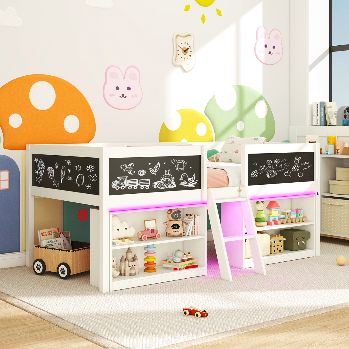 HU11150WH Low Loft Bed with LED Lights Kids Cabin Bed with Bookcases - White
