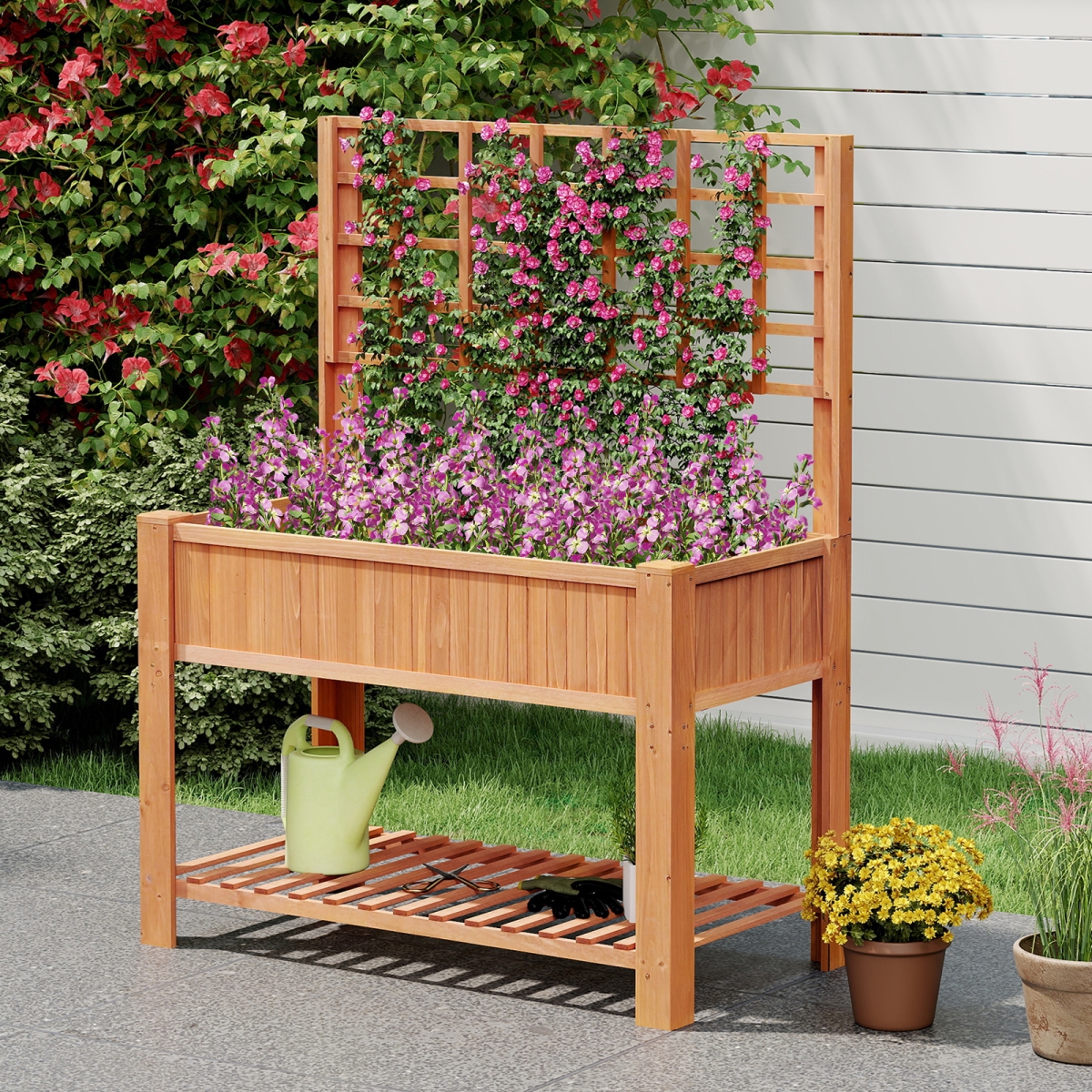 GT4441CF Raised Garden Bed with Trellis Wooden Elevated Planter Box with Legs - Orange