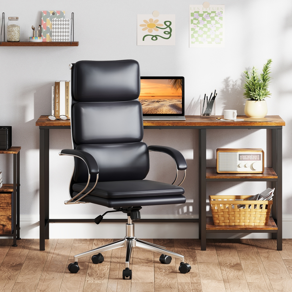 CB10718DK Ergonomic Leather Office Chair with Adjustable Height & Rocking Function - Black