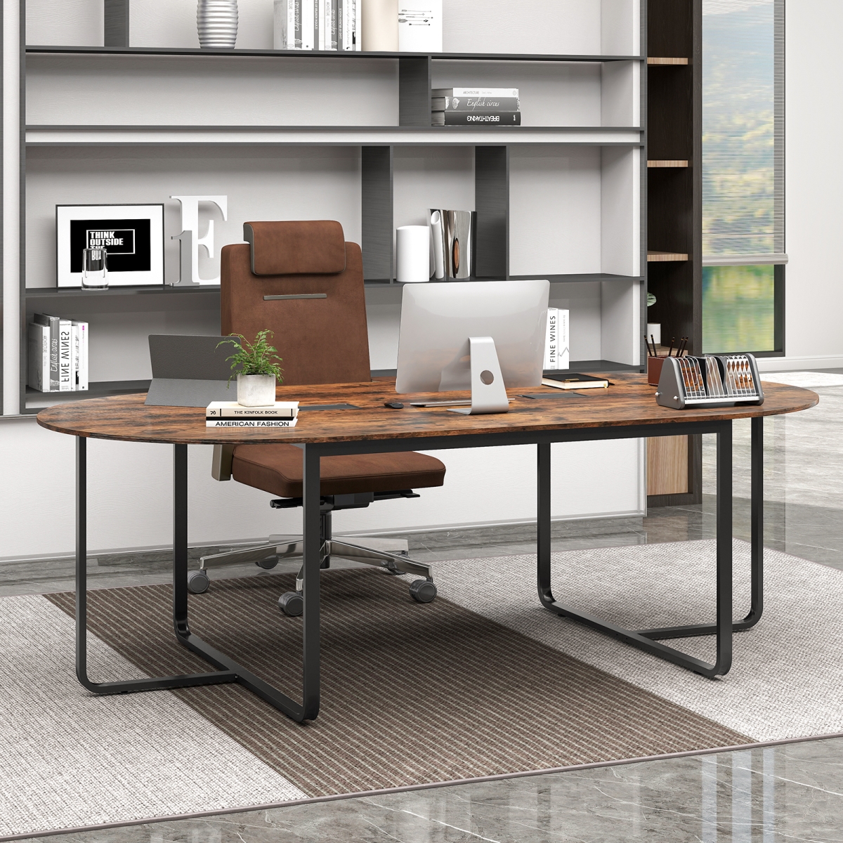 CB10803CF 95 in. Oval Conference Industrial Executive Table with Dual Cable Holes - Rustic Brown